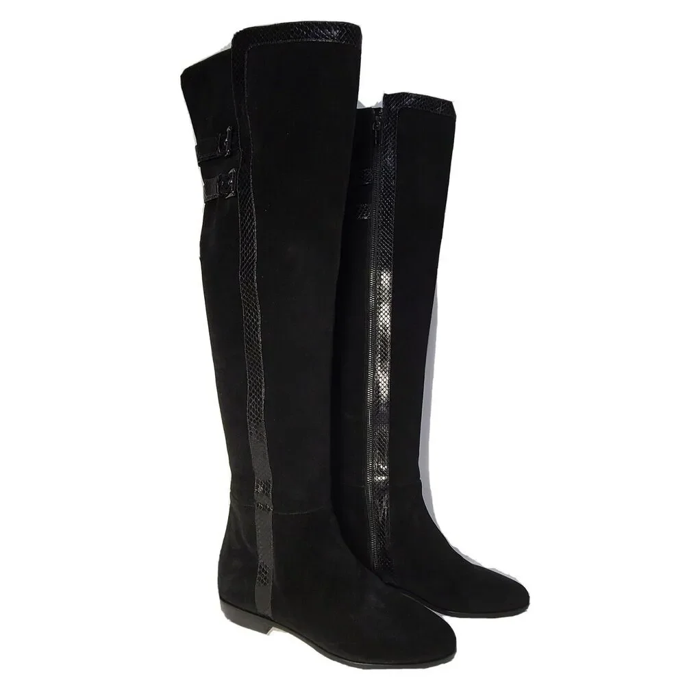 Michael Kors Womens boots OTK Over the Knee black Suede snake trim flat sz 7.5